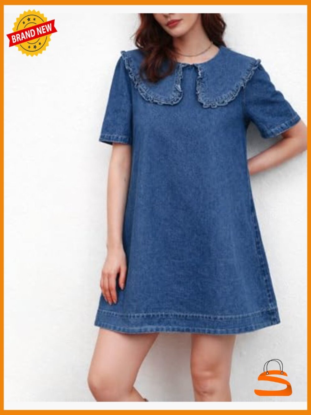 Peter Pan Collar Denim Mini Dress with Pockets Casual Summer - Picture 5 of 7
